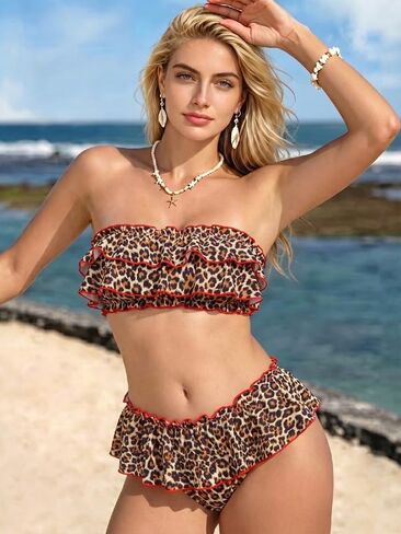 2026 Ruffle Bandeau Bikini Set Two Piece Swimsuits Flounce Tiered Bathing Suits Yellow Blue Floral Print Swimwear in Kuwait