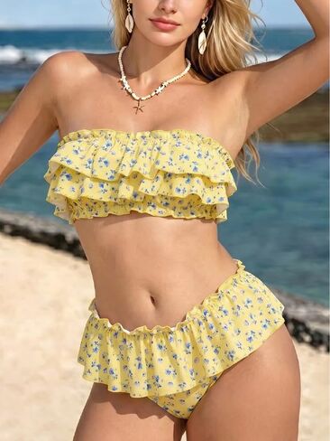 2026 Ruffle Bandeau Bikini Set Two Piece Swimsuits Flounce Tiered Bathing Suits Yellow Blue Floral Print Swimwear in Kuwait