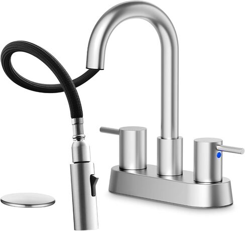 Stainless Steel Brushed Nickel Bathroom Faucet with Pull Out Sprayer, Dual-Function Spout Bathroom Sink Faucets, 4 Inch Two Handle Utility Sink Faucet with Sprayer 3 Hole, Pet Shower, RVs in Kuwait