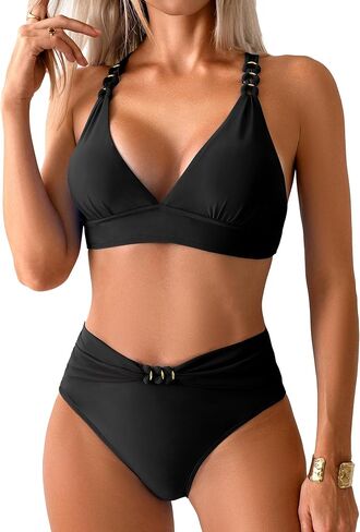 swimall Womens High Waist Bikini Set Ruched Triangle Sexy Swimsuit Gold Metal Two Piece Bathing Suit in Saudi Arabia