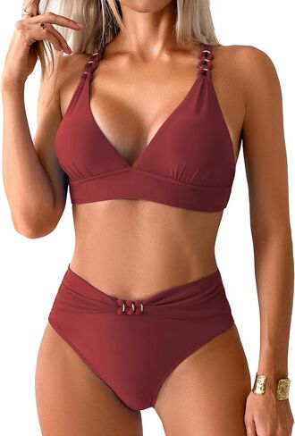 swimall Womens High Waist Bikini Set Ruched Triangle Sexy Swimsuit Gold Metal Two Piece Bathing Suit in Saudi Arabia