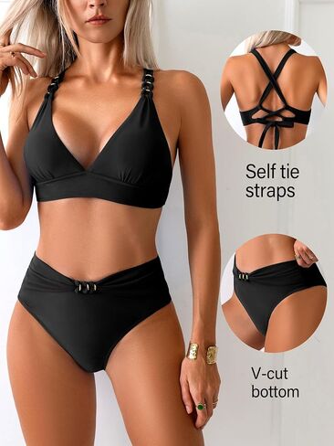 swimall Womens High Waist Bikini Set Ruched Triangle Sexy Swimsuit Gold Metal Two Piece Bathing Suit in Saudi Arabia
