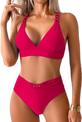 swimall Womens High Waist Bikini Set Ruched Triangle Sexy Swimsuit Gold Metal Two Piece Bathing Suit in Saudi Arabia