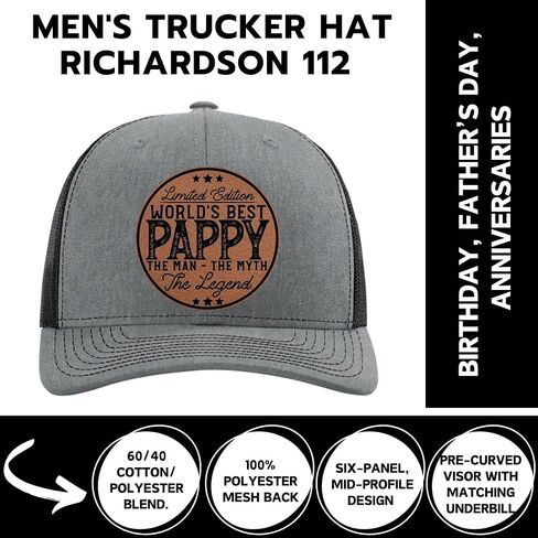 Pappy Gifts - Fathers Day Hats for Grandpa - Worlds Best Pappy - Promoted to Grandpa Fathers Day Christmas Birthday Gift - Man Myth Legend - Golf Hats for Men 2025 - Richardson 112 Trucker Hat in Saudi Arabia