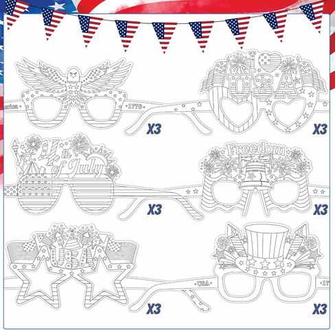 DPKOW Patriotic Coloring Glasses 4th of July Party Favors, 18Pcs Independence Day Party Paper Glasses 4th of July Accessories 250 Anniversary USA Art Crafts Supplies Memorial Day Patriotic Decorations in Saudi Arabia