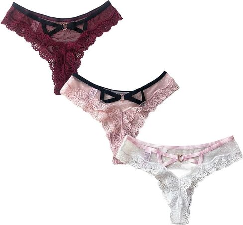 Women Underwear Lace Cut Out Thongs Low Waist Panties Briefs Polka Dot See Through Thongs 3 Pack in Kuwait