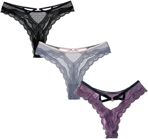 Women Underwear Lace Cut Out Thongs Low Waist Panties Briefs Polka Dot See Through Thongs 3 Pack in Kuwait