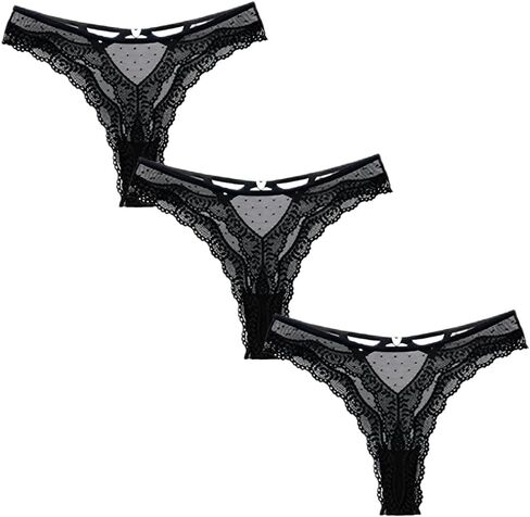 Women Underwear Lace Cut Out Thongs Low Waist Panties Briefs Polka Dot See Through Thongs 3 Pack in Kuwait