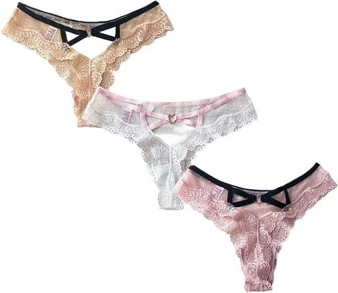 Women Underwear Lace Cut Out Thongs Low Waist Panties Briefs Polka Dot See Through Thongs 3 Pack in Kuwait