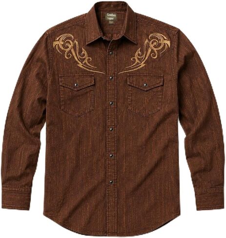 Pearl Snap Shirts for Men Long Sleeve - Brown Plaid Rugged Western Cowboy Snap Button Up Cotton Shirt in Kuwait