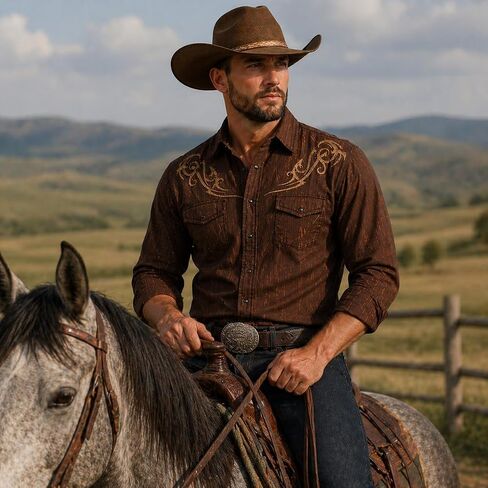 Pearl Snap Shirts for Men Long Sleeve - Brown Plaid Rugged Western Cowboy Snap Button Up Cotton Shirt in Kuwait