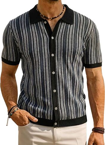 Zaitun Mens Polo Shirts Vintage Striped Short Sleeve Button Down Casual Shirts Retro Button Knit Sweater in Saudi Arabia