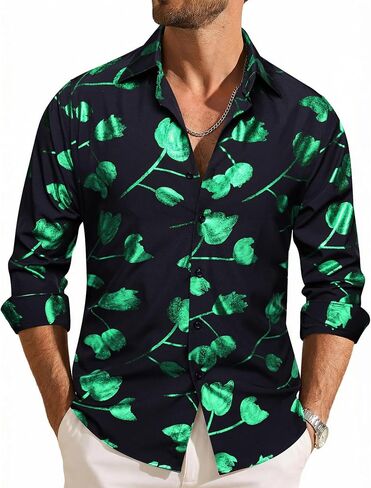 Barry.Wang Mens Shiny Metallic Foil Tulip Print Dress Shirt Long Sleeve Black Button Down Party Disco Wedding Prom Date in Kuwait
