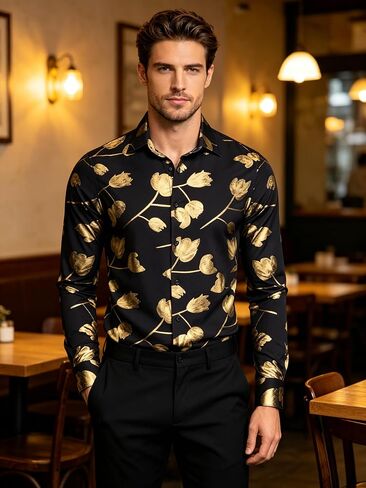 Barry.Wang Mens Shiny Metallic Foil Tulip Print Dress Shirt Long Sleeve Black Button Down Party Disco Wedding Prom Date in Kuwait