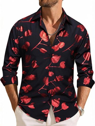 Barry.Wang Mens Shiny Metallic Foil Tulip Print Dress Shirt Long Sleeve Black Button Down Party Disco Wedding Prom Date in Kuwait