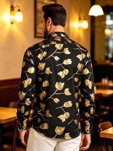 Barry.Wang Mens Shiny Metallic Foil Tulip Print Dress Shirt Long Sleeve Black Button Down Party Disco Wedding Prom Date in Kuwait