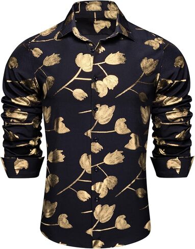 Barry.Wang Mens Shiny Metallic Foil Tulip Print Dress Shirt Long Sleeve Black Button Down Party Disco Wedding Prom Date in Kuwait