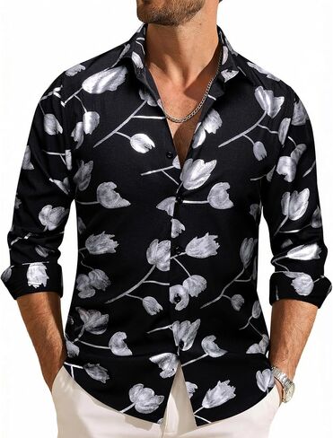 Barry.Wang Mens Shiny Metallic Foil Tulip Print Dress Shirt Long Sleeve Black Button Down Party Disco Wedding Prom Date in Kuwait