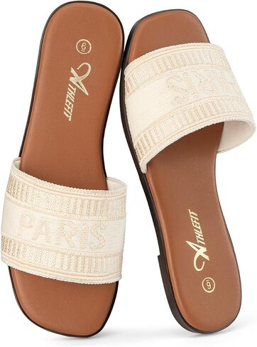Athlefit Women's Slip On Flat Sandals Summer Embroidered Square Open Toe Slide Sandals in Saudi Arabia
