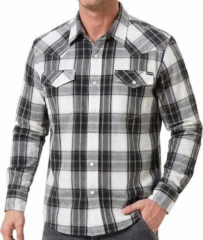 DIFICIL SLOG® Western Plaid Pearl Snap Shirts for Men Long Sleeve Vintage Casual Shirt with 2 Flap Pockets Regular Fit in Saudi Arabia