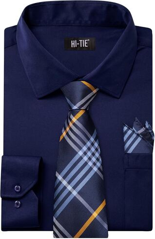 Hi-Tie Mens Dress Shirt with Tie Pocket Square Set Classic Button Down Shirt Matching Tie Long Sleeve Shirts Business Wedding in Kuwait