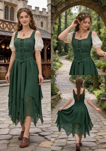 Renaissance Fairy Dress, Medieval Fantasy Style with Off-Shoulder, Moss Green in Saudi Arabia