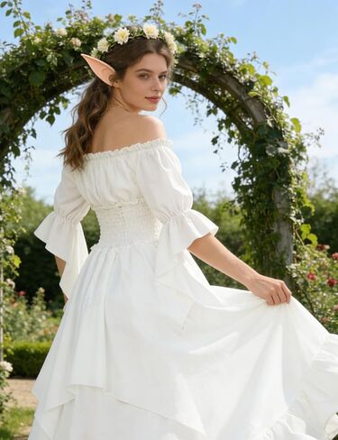 Renaissance Costume Women Medieval Ren Faire Dress Ruffle with Corset Belt Potion Bottles Garland Elf Ears in Saudi Arabia