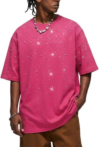 Vamtac Men's Oversized Rhinestone T Shirts Sparkly Y2K Streetwear Crewneck Drop Shoulder Heavyweight Cotton Tee in Saudi Arabia