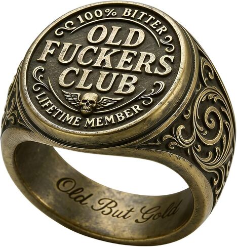Old Fuckers Club Ring for Men Adjustable Vintage Old But Gold Gag Gift | Antique Distressed Finish, Raised Letter Detail, Round Signet Style, Inner Engraved Text, Birthday Retirement Party Accessory in Kuwait