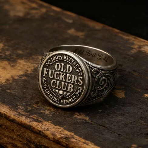 Old Fuckers Club Ring for Men Adjustable Vintage Old But Gold Gag Gift | Antique Distressed Finish, Raised Letter Detail, Round Signet Style, Inner Engraved Text, Birthday Retirement Party Accessory in Kuwait