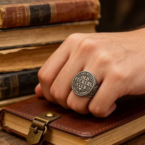 Old Fuckers Club Ring for Men Adjustable Vintage Old But Gold Gag Gift | Antique Distressed Finish, Raised Letter Detail, Round Signet Style, Inner Engraved Text, Birthday Retirement Party Accessory in Kuwait