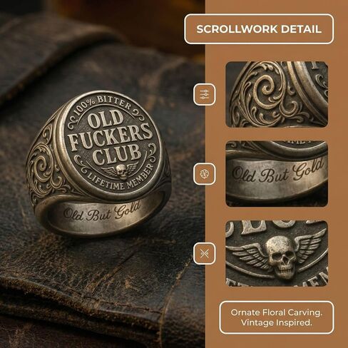 Old Fuckers Club Ring for Men Adjustable Vintage Old But Gold Gag Gift | Antique Distressed Finish, Raised Letter Detail, Round Signet Style, Inner Engraved Text, Birthday Retirement Party Accessory in Kuwait