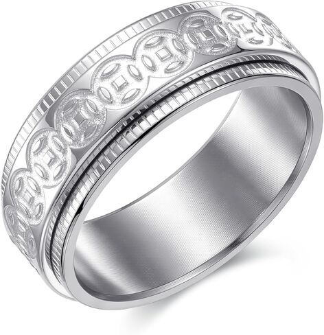 8mm Silver Ancient Dynasty Coin/ Come On Lucky Seven Copywriting Inside Dice/Copywriting Number Numeral Inside Spinner Stainless Steel Ring Rotating Good Luck Wedding Band For Men Women Size 7-14 in Saudi Arabia