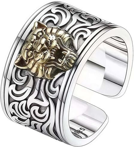 Thai Silver Viking Gold Tiger Adjustable Rings For Men Women,Silver Plated Animal Golden Tiger Head Vintage Biker Open Band Ring For Men,Punk Motorcycle Knuckle Ring Jewelry in Kuwait