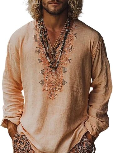 Mens Casual Linen Boho Shirts for Summer Going Out Tops Short Sleeve V Neck T-Shirts Breathable Tees Vintage Tshirt in Saudi Arabia
