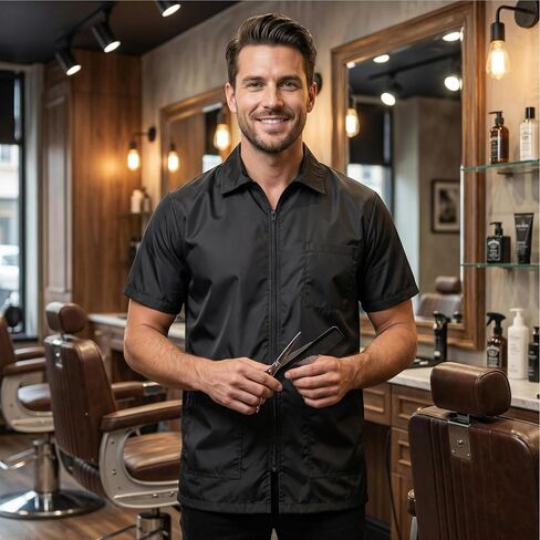 Old School Black Shot Sleeved Barber Jacket Smock, Professional Barber Men Jacket Hair Repellent, Lightweight and Breathable in Saudi Arabia