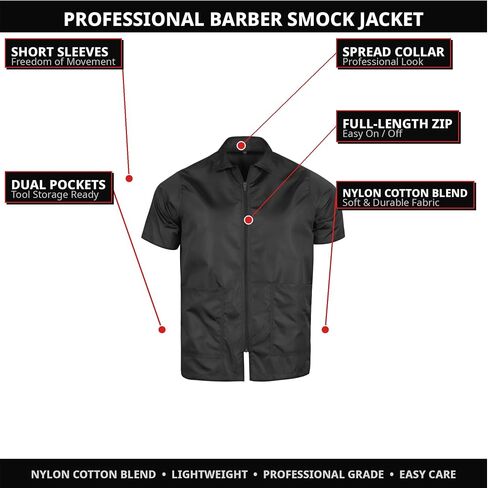 Old School Black Shot Sleeved Barber Jacket Smock, Professional Barber Men Jacket Hair Repellent, Lightweight and Breathable in Saudi Arabia