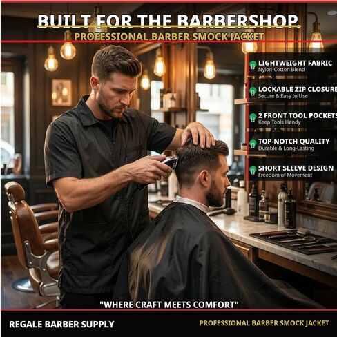 Old School Black Shot Sleeved Barber Jacket Smock, Professional Barber Men Jacket Hair Repellent, Lightweight and Breathable in Saudi Arabia