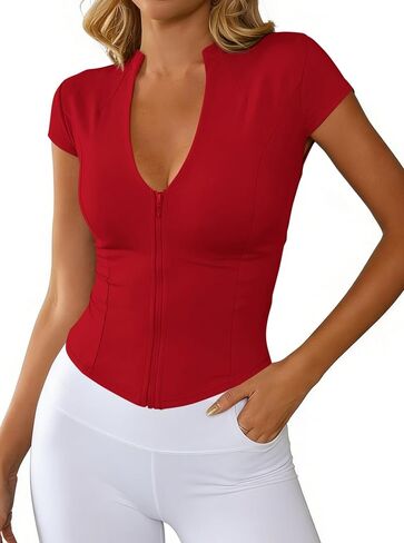 Hilinker Women's V Neck Workout Crop Tops Sexy Zipper Short Sleeve Athletic Gym Shirt in Kuwait