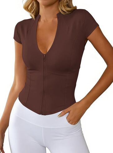 Hilinker Women's V Neck Workout Crop Tops Sexy Zipper Short Sleeve Athletic Gym Shirt in Kuwait