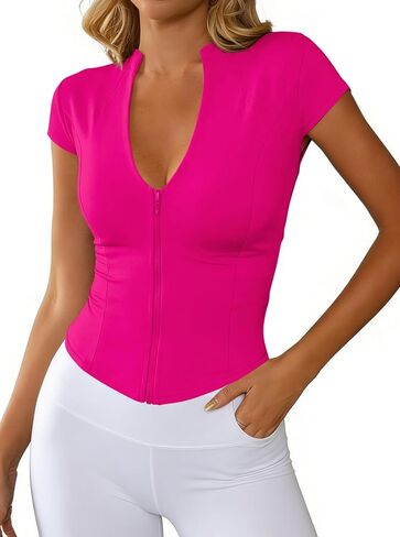 Hilinker Women's V Neck Workout Crop Tops Sexy Zipper Short Sleeve Athletic Gym Shirt in Kuwait