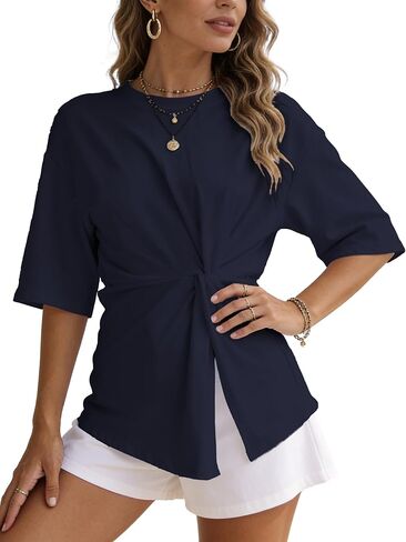 Women’s Twist Knot Top Crew Neck Short Sleeve Asymmetrical Hem Tee in Saudi Arabia