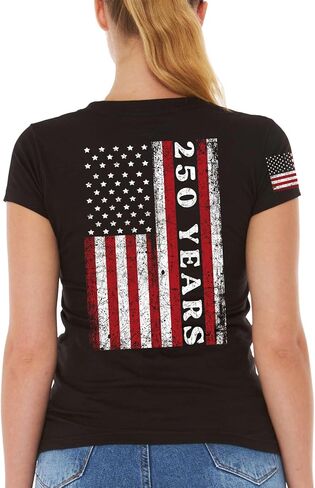 Shop4ever 250 الذكرى السنوية لعلم الولايات المتحدة الأمريكية 250th 1776 2026 4th من يوليو تي شيرت نسائي برقبة على شكل حرف v من الأمام والخلف بقصة ضيقة in Kuwait
