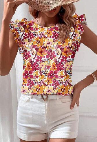 Women's Summer Boho Floral Shirt Short Sleeve Ruffle Trim Blouse Crewneck Casual Tops in Kuwait