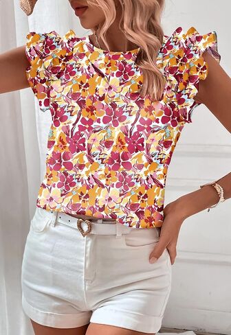 Women's Summer Boho Floral Shirt Short Sleeve Ruffle Trim Blouse Crewneck Casual Tops in Kuwait