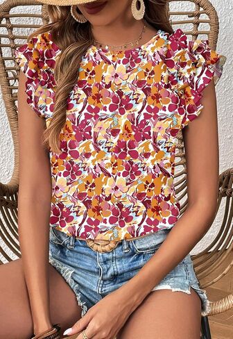 Women's Summer Boho Floral Shirt Short Sleeve Ruffle Trim Blouse Crewneck Casual Tops in Kuwait