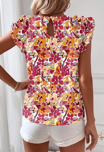 Women's Summer Boho Floral Shirt Short Sleeve Ruffle Trim Blouse Crewneck Casual Tops in Kuwait