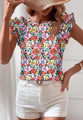 Women's Summer Boho Floral Shirt Short Sleeve Ruffle Trim Blouse Crewneck Casual Tops in Kuwait