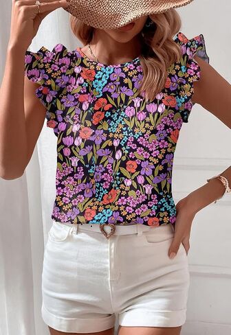 Women's Summer Boho Floral Shirt Short Sleeve Ruffle Trim Blouse Crewneck Casual Tops in Kuwait