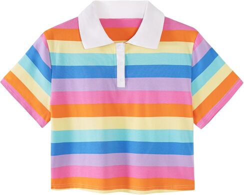 Remidoo Women's Striped Polo Crop Top Collared Rainbow Half Button Short Sleeve Shirt in Kuwait